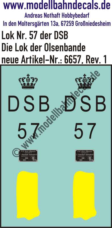 Nass-Schiebebilder: Lok-Komplettbeschriftung Lok 57 der DSB - Die Lok der Olsenbande, Epoche 3-4. Artikel-Nummer: 6657